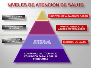 EQUIPO DE SALUD MULTIDISCIPLINARIOCOMUNIDAD - AUTOCUIDADO        EDUCACIÓN PARA LA SALUDPROGRAMASNIVELES DE ATENCIÓN DE SALUDHOSPITAL DE ALTA COMPLEJIDADATENCIÓN TERCIARIADE LA SALUDHOSPITAL GENERAL DE AGUDOS ESPECIALIDADESATENCIÓN SECUNDARIADE LA SALUDATENCIÓN PRIMARIADE LA SALUDCENTROS DE SALUD