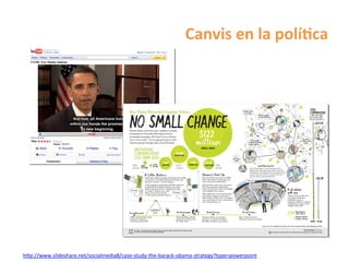 Canvis	
  en	
  la	
  polí$ca	
  




h^p://www.slideshare.net/socialmedia8/case-­‐study-­‐the-­‐barack-­‐obama-­‐strategy?type=powerpoint	
  
 
