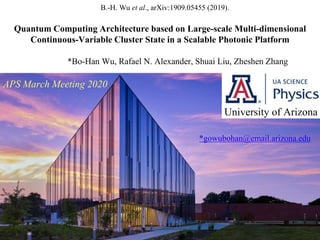 APS March Meeting 2020
*Bo-Han Wu, Rafael N. Alexander, Shuai Liu, Zheshen Zhang
Quantum Computing Architecture based on Large-scale Multi-dimensional
Continuous-Variable Cluster State in a Scalable Photonic Platform
University of Arizona
B.-H. Wu et al., arXiv:1909.05455 (2019).
*gowubohan@email.arizona.edu
 