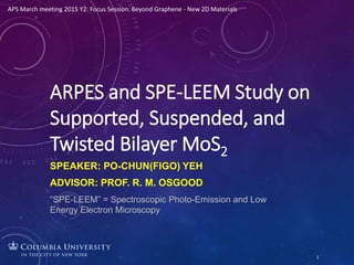 ARPES and SPE-LEEM Study on
Supported, Suspended, and
Twisted Bilayer MoS2
SPEAKER: PO-CHUN(FIGO) YEH
ADVISOR: PROF. R. M. OSGOOD
“SPE-LEEM” = Spectroscopic Photo-Emission and Low
Energy Electron Microscopy
1
APS March meeting 2015 Y2: Focus Session: Beyond Graphene - New 2D Materials
 