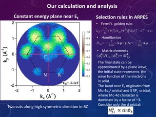 Constant energy plane near EF
The band near EF originates from
Mo 4dz
2 orbital and S 3Pz orbital,
where Mo 4d character is
dominant by a factor of ~3.
Consider only the d orbital:
Two cuts along high symmetric direction in BZ
Selection rules in ARPES
• Fermi’s golden rule:
• Hamiltonian
• Matrix elements
The final state can be
approximated by a plane wave;
the initial state represents the
wave function of the electrons
in solid.
Our calculation and analysis
 