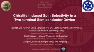 Chirality-induced Spin Selectivity in a
Two-terminal Semiconductor Device
Tianhan Liu, Haoyun Deng, Longqian Hu, Eric Lochner, Pedro Schlottmann ,
Stephan von Molnár, and Peng Xiong
(Department of Physics, Florida State University)
Xiaolei Wang, Hailong Wang and Jianhua Zhao
(Institute of Semiconductors, Chinese Academy of Sciences)
Gang Shi, Fan Gao, Honglei Feng, and Yongqing Li
(Institute of Physics, Chinese Academy of Sciences)
03/02/2019
2020 APS Meeting
Denver, Colorado
Work supported by NSF grant DMR-1905843
 