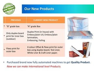 PREVIOUS CURRENT NEW PRODUCT
* “B” grade box “A” grade Box
*
Only duplex board
print for inner box
(outdoor)
Duplex Print (in house) with
Emboss/plain UV, Emboss/plain
lamination,
Embossing, Foiling
*
Flexo print for
outer box
4 colour Offset & flexo print for outer
box using duplex board, Test Liner,
White Liner & Craft Liner paper.
• Purchased brand new fully automated machines to get Quality Product.
Now we can make International level Products.
Our New Products
 