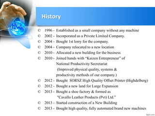 © 1996 - Established as a small company without any machine
© 2002 - Incorporated as a Private Limited Company.
© 2004 - Bought 1st lorry for the company.
© 2004 - Company relocated to a new location
© 2010 - Allocated a new building for the business
© 2010 - Joined hands with “Kaizen Entrepreneur” of
National Productivity Secretariat
(Improved physical quality, systems &
productivity methods of our company.)
© 2012 - Bought SORSZ High Quality Offset Printer (Highdelberg)
© 2012 - Bought a new land for Large Expansion
© 2013 - Bought a shoe factory & formed as
"Cavallo Leather Products (Pvt) Ltd.”
© 2013 - Started construction of a New Building
© 2013 - Bought high quality, fully automated brand new machines
History
 
