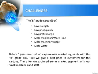 The“B” grade carton(box)
• Low strength
• Low print quality
• Low profit margin
• More man hours/More Time
• More machinery usage
• More waste
Before 5 years we couldn’t capture new market segments with this
“B” grade box. But we give a best price to customers for this
cartons. There for we captured some market segment with our
small machines and staff.
CHALLENGES
 