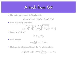 A trick from GR
• The static axisymmetric Weyl metric
• With two-body solutions
• Leads to a “strut”
• With a stress
• That can be integrated to get the Newtonian force
ds2
= e2
dt2
e2(⌫ )
dr2
+ dz2
r2
e 2
d 2
(r, z) =
µ1
R1
µ2
R2
, Ri =
q
r2 + (z zi)
2
Tzz =
1
8⇡G
⇣
1 e ⌫(r,z)
⌘
2⇡ (r)
F =
Z
TzzdA =
1
4G
⇣
1 e ⌫(r,z)
⌘
=
Gm1m2
(z1 z2)
2 for µi = Gmi
⌫(0, z) =
4µ1µ2
(z1 z2)
2
⌫(r, z) =
µ2
1r2
R4
1
µ2
2r2
R4
2
+
4µ1µ2
(z1 z2)
2

r2
+ (z z1) (z z2)
R1R2
1
 