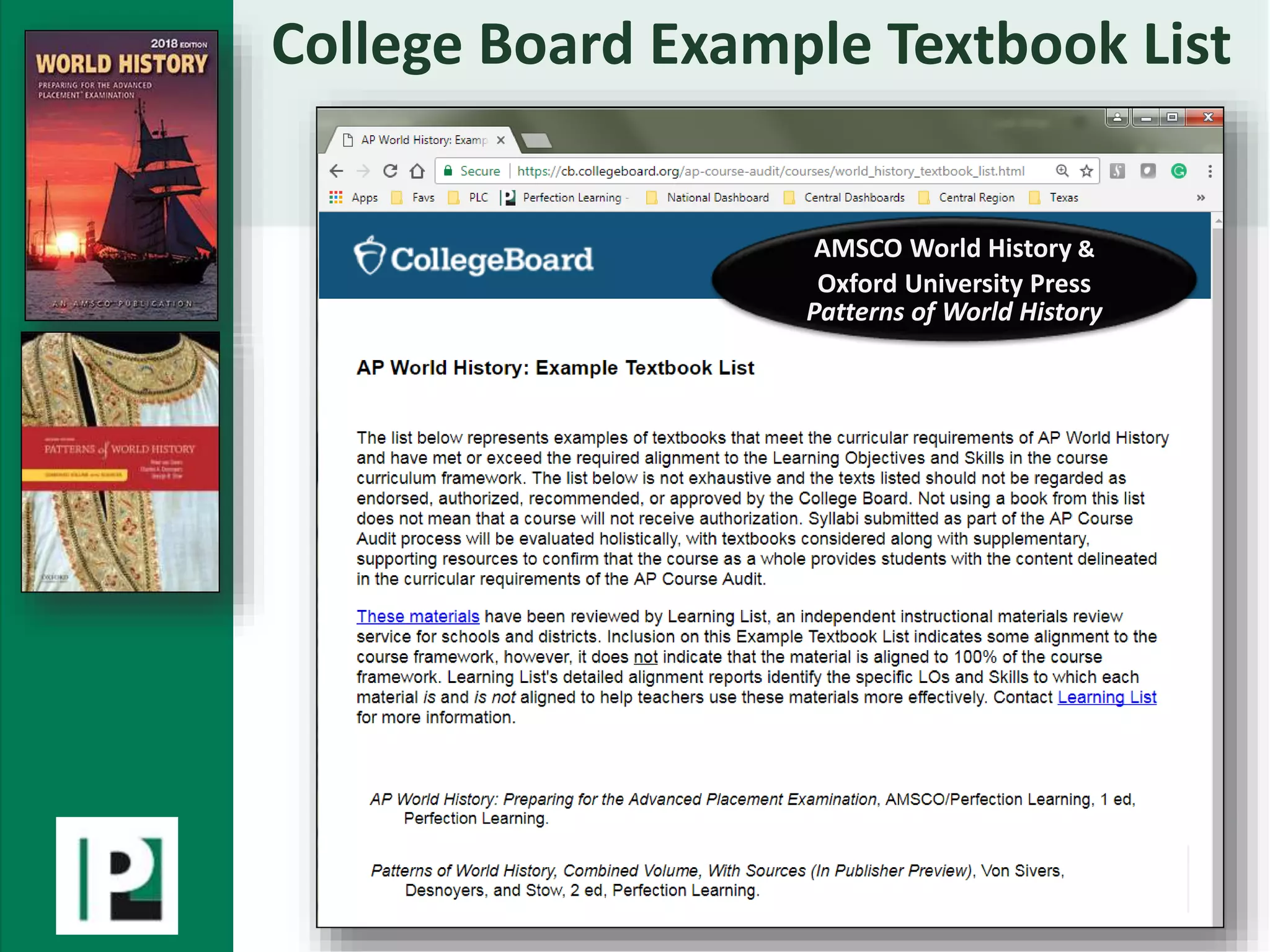 College Board Example Textbook List
AMSCO World History &
Oxford University Press
Patterns of World History
 