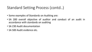 Standard Setting Process (contd..)
• Some examples of Standards on Auditing are:
• SA 200 overall objective of auditor and conduct of an audit in
accordance with standards on auditing
• SA 230 Audit documentation
• SA 500 Audit evidence etc.
 
