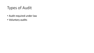Types of Audit
• Audit required under law
• Voluntary audits
 