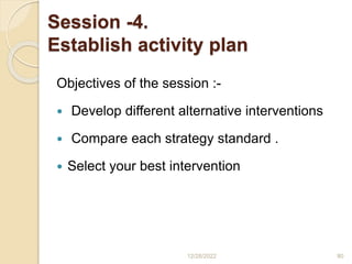 Session -4.
Establish activity plan
Objectives of the session :-
 Develop different alternative interventions
 Compare each strategy standard .
 Select your best intervention
12/28/2022 80
 
