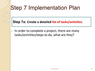 Step 7 Implementation Plan
12/28/2022 95
 In order to complete a project, there are many
tasks/activities/steps to do, what are they?
Step 7a: Create a detailed list of tasks/activities
 