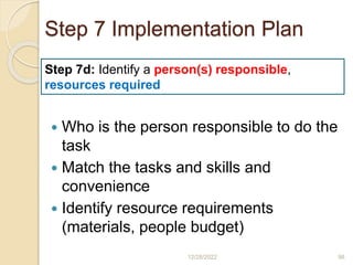 Step 7 Implementation Plan
 Who is the person responsible to do the
task
 Match the tasks and skills and
convenience
 Identify resource requirements
(materials, people budget)
12/28/2022 98
Step 7d: Identify a person(s) responsible,
resources required
 