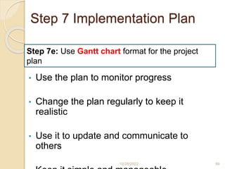 Step 7 Implementation Plan
• Use the plan to monitor progress
• Change the plan regularly to keep it
realistic
• Use it to update and communicate to
others
12/28/2022 99
Step 7e: Use Gantt chart format for the project
plan
 