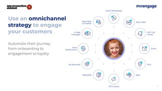 21
Use an omnichannel
strategy to engage
your customers
Social (Whatsapp)
SMS / MMS
IVR / Call
Center
Email
POS
Web
OTT & Voice
Wearables
Automate their journey
from onboarding to
engagement to loyalty
Ad Networks
Push
Notiﬁcations
In-App
messages
App Inbox
& Chatbot
 