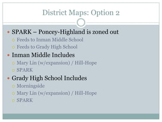 District Maps: Option 2

 SPARK – Poncey-Highland is zoned out
   Feeds to Inman Middle School

   Feeds to Grady High School

 Inman Middle Includes
   Mary Lin (w/expansion) / Hill-Hope

   SPARK

 Grady High School Includes
   Morningside

   Mary Lin (w/expansion) / Hill-Hope

   SPARK
 