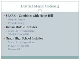 District Maps: Option 3

 SPARK – Combines with Hope-Hill
   Feeds to Inman

   Feeds to Grady

 Inman Middle Includes
   Mary Lin (w/expansion)

   SPARK / Hope-Hill

 Grady High School Includes
   Mary Lin (w/expansion)

   SPARK / Hope-Hill

   Centennial
 