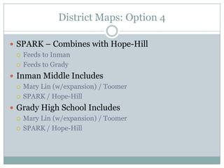 District Maps: Option 4

 SPARK – Combines with Hope-Hill
   Feeds to Inman

   Feeds to Grady

 Inman Middle Includes
   Mary Lin (w/expansion) / Toomer

   SPARK / Hope-Hill

 Grady High School Includes
   Mary Lin (w/expansion) / Toomer

   SPARK / Hope-Hill
 