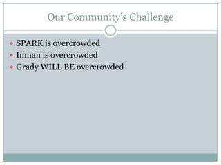 Our Community’s Challenge

 SPARK is overcrowded
 Inman is overcrowded
 Grady WILL BE overcrowded
 