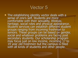 Vector 5 The establishing identity vector deals with a sense of one’s self. Students are more comfortable with their sexuality, lifestyle, heritage, social roles and physical appearance. Student services can establish different student groups ranging from incoming freshman to seniors. These groups can be based on gender, social and whatever problems are facing post secondary students. Our scholarship program may focus just on low income, incoming 17 to 19 year old freshmen but the campus is filled with all kinds of students and other people. 