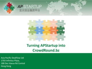 Turning APStartup into
CrowdRound.bz
Asia Pacific DealFlow Ltd
1703 Infinitus Plaza,
188 Des Voeux Rd Central
Hong Kong
 