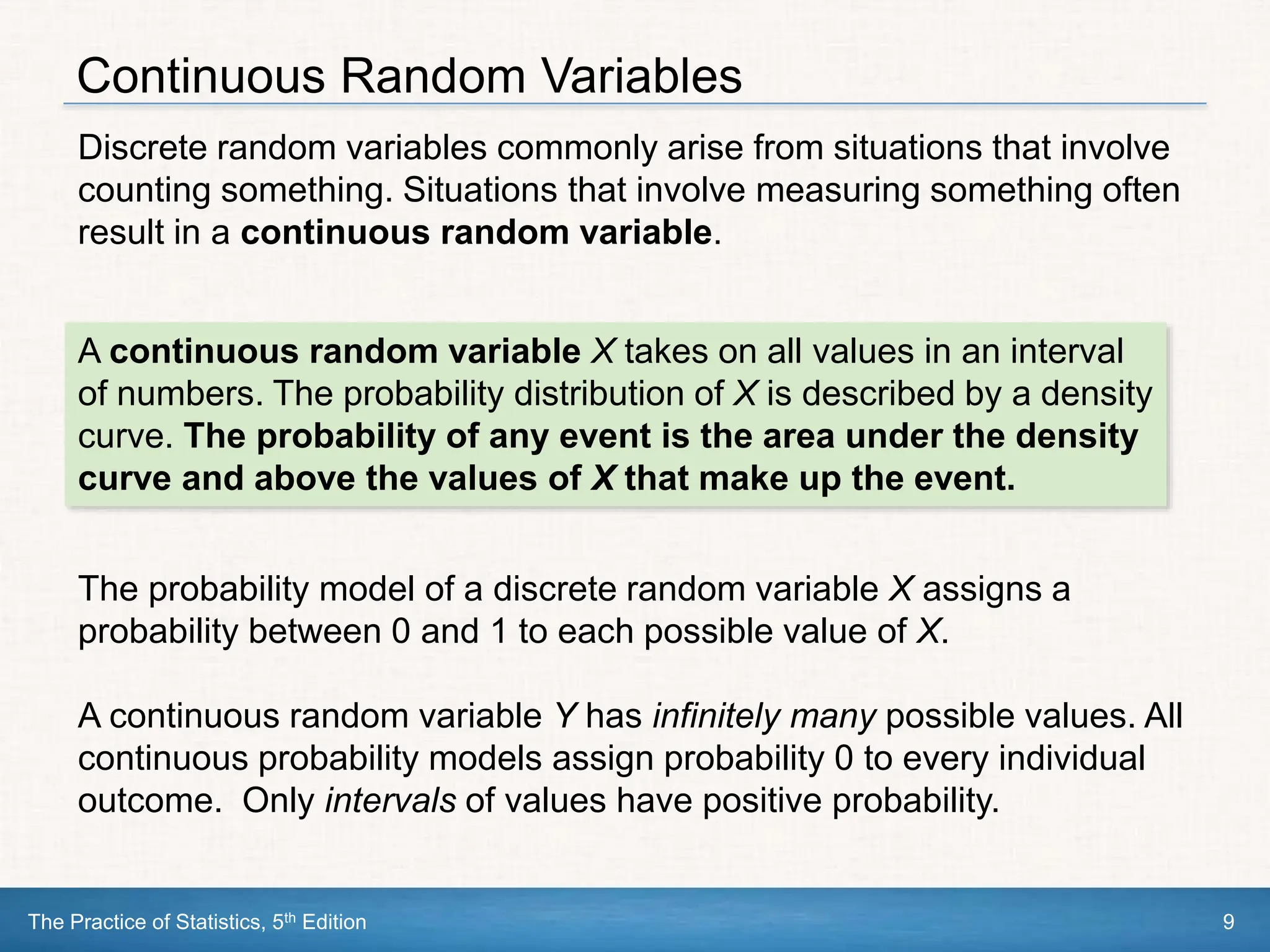 The Practice of Statistics, 5th Edition 9
Continuous Random Variables
Discrete random variables commonly arise from situations that involve
counting something. Situations that involve measuring something often
result in a continuous random variable.
A continuous random variable X takes on all values in an interval
of numbers. The probability distribution of X is described by a density
curve. The probability of any event is the area under the density
curve and above the values of X that make up the event.
The probability model of a discrete random variable X assigns a
probability between 0 and 1 to each possible value of X.
A continuous random variable Y has infinitely many possible values. All
continuous probability models assign probability 0 to every individual
outcome. Only intervals of values have positive probability.
 