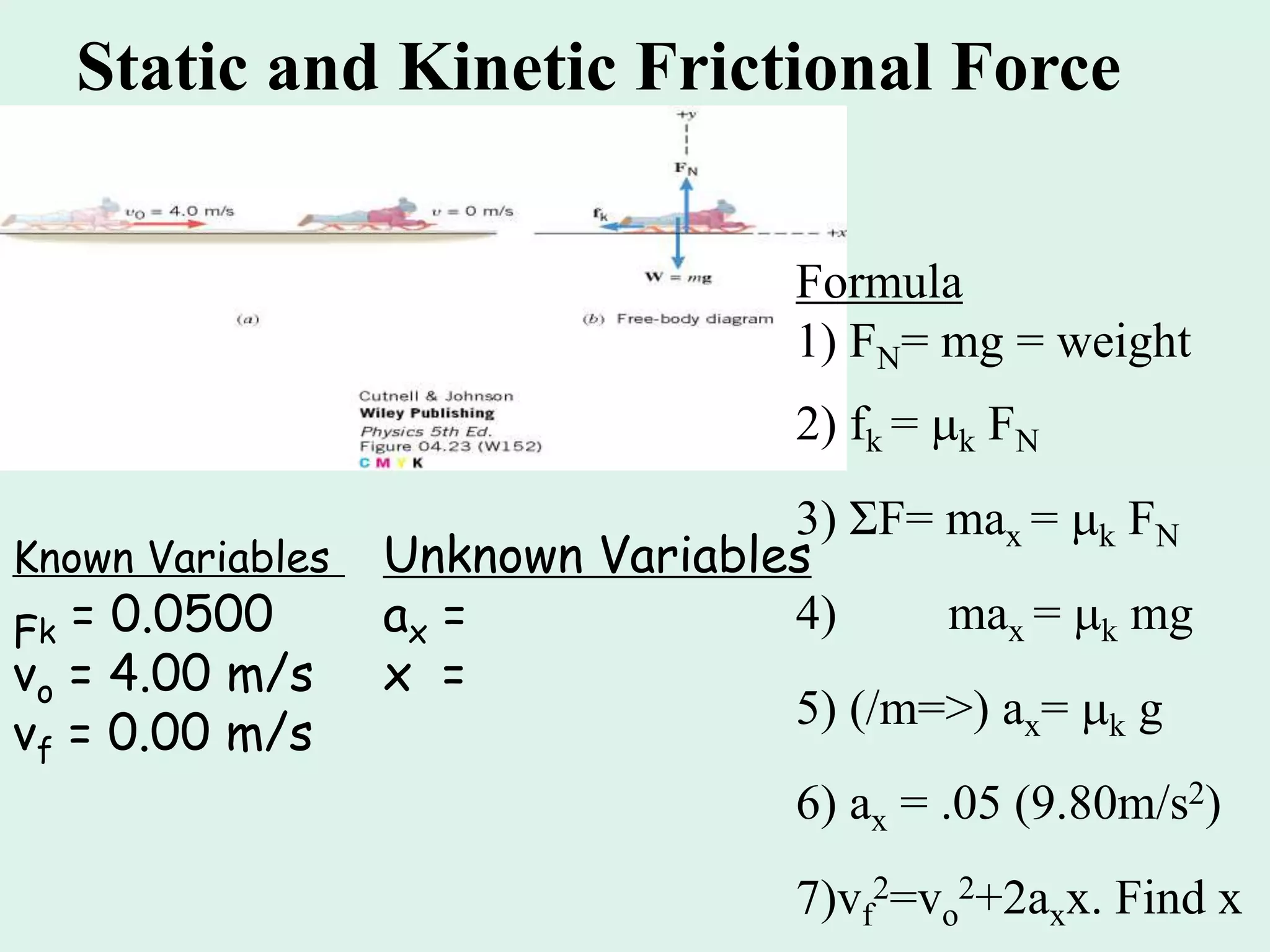 Static and Kinetic Frictional Force
Known Variables
Fk = 0.0500
vo = 4.00 m/s
vf = 0.00 m/s
Unknown Variables
ax =
x =
Formula
1) FN= mg = weight
2) fk = k FN
3) ΣF= max = k FN
4) max = k mg
5) (/m=>) ax= k g
6) ax = .05 (9.80m/s2)
7)vf
2=vo
2+2axx. Find x
 