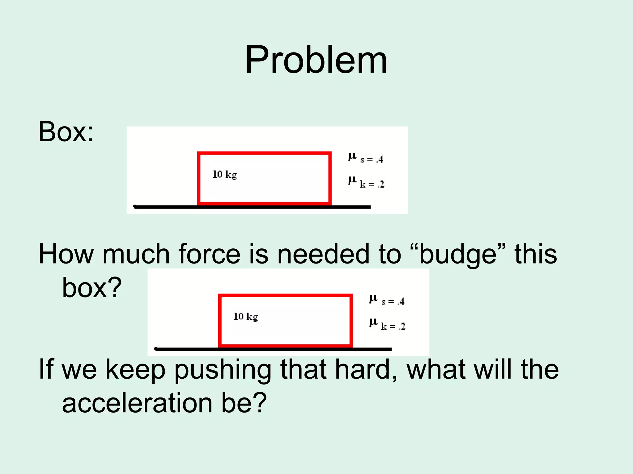 Problem
Box:
How much force is needed to “budge” this
box?
If we keep pushing that hard, what will the
acceleration be?
 