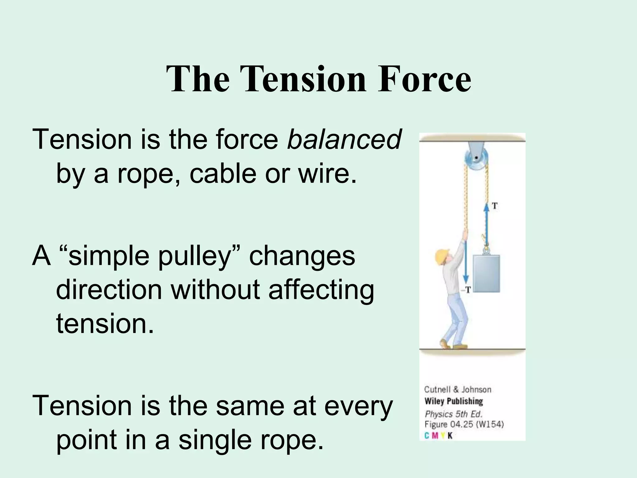 The Tension Force
Tension is the force balanced
by a rope, cable or wire.
A “simple pulley” changes
direction without affecting
tension.
Tension is the same at every
point in a single rope.
 