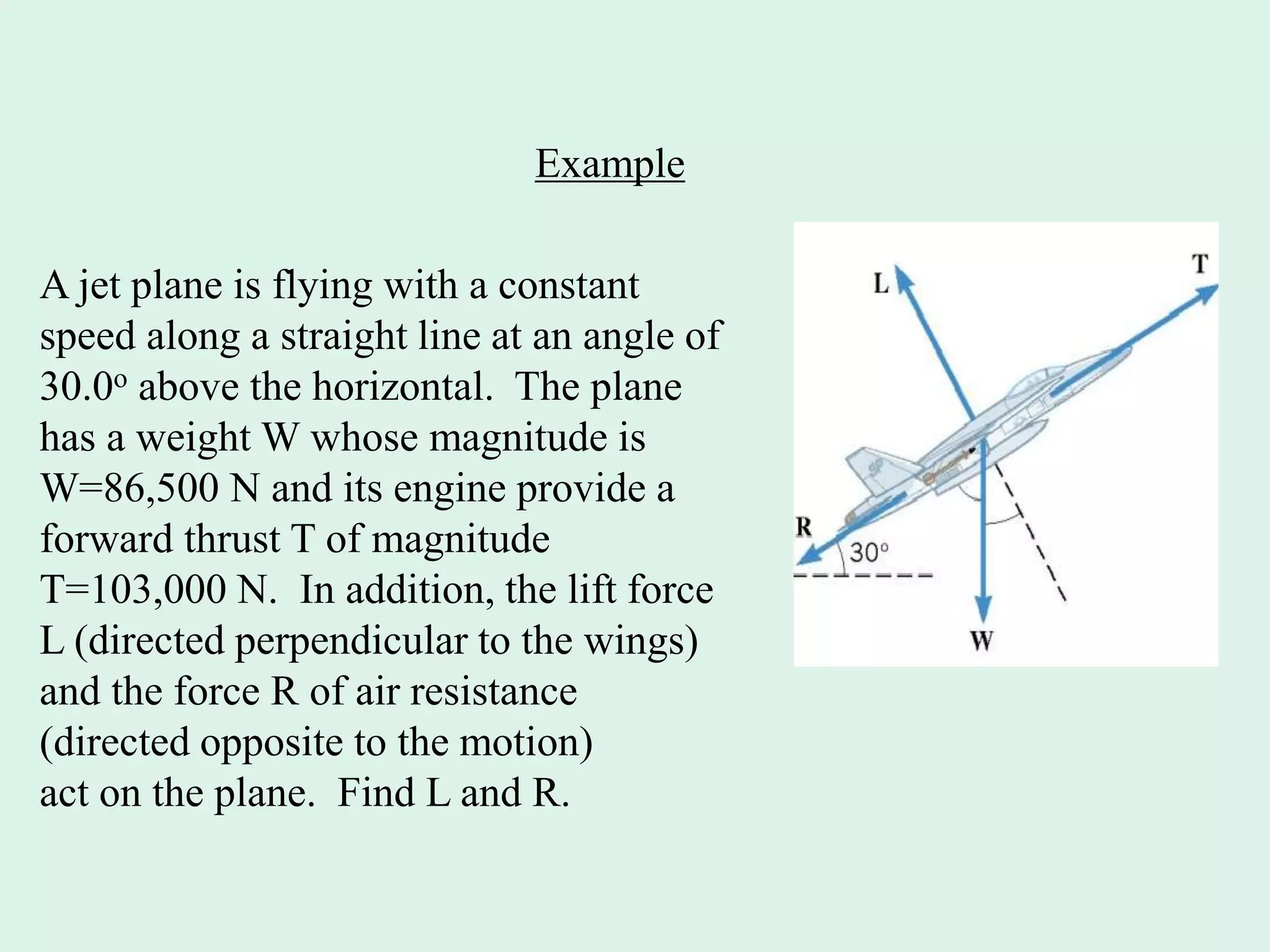 Example
A jet plane is flying with a constant
speed along a straight line at an angle of
30.0o above the horizontal. The plane
has a weight W whose magnitude is
W=86,500 N and its engine provide a
forward thrust T of magnitude
T=103,000 N. In addition, the lift force
L (directed perpendicular to the wings)
and the force R of air resistance
(directed opposite to the motion)
act on the plane. Find L and R.
 