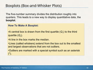 The Practice of Statistics, 5th
Edition 42
Boxplots (Box-and-Whisker Plots)
The five-number summary divides the distribution roughly into
quarters. This leads to a new way to display quantitative data, the
boxplot.
How To Make A Boxplot:
•A central box is drawn from the first quartile (Q1) to the third
quartile (Q3).
•A line in the box marks the median.
•Lines (called whiskers) extend from the box out to the smallest
and largest observations that are not outliers.
•Outliers are marked with a special symbol such as an asterisk
(*).
 
