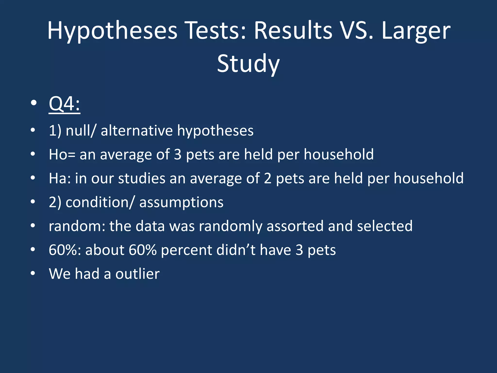 Hypotheses Tests: Results VS. Larger StudyQ4:1) null/ alternative hypothesesHo= an average of 3 pets are held per householdHa: in our studies an average of 2 pets are held per household 2) condition/ assumptionsrandom: the data was randomly assorted and selected60%: about 60% percent didn’t have 3 petsWe had a outlier