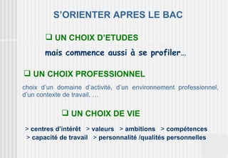 S’ORIENTER APRES LE BAC

        UN CHOIX D’ETUDES
       mais commence aussi à se profiler…

 UN CHOIX PROFESSIONNEL
choix d’un domaine d’activité, d’un environnement professionnel,
d’un contexte de travail, …

             UN CHOIX DE VIE
> centres d’intérêt > valeurs > ambitions > compétences
> capacité de travail > personnalité /qualités personnelles
 