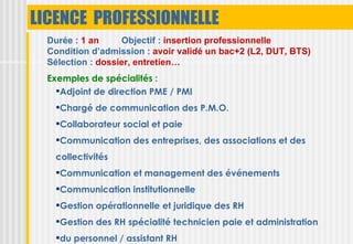 LICENCE PROFESSIONNELLE
  Durée : 1 an     Objectif : insertion professionnelle
  Condition d’admission : avoir validé un bac+2 (L2, DUT, BTS)
  Sélection : dossier, entretien…
  Exemples de spécialités :
    Adjoint de direction PME / PMI
   Chargé de communication des P.M.O.
   Collaborateur social et paie
   Communication des entreprises, des associations et des
   collectivités
   Communication et management des événements
   Communication institutionnelle
   Gestion opérationnelle et juridique des RH
   Gestion des RH spécialité technicien paie et administration
   du personnel / assistant RH
 