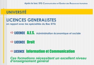 Après le bac STG Communication et Gestion des Ressources Humaines



UNIVERSITÉ

LICENCES GENERALISTES
en rapport avec les spécialités du Bac STG


    LICENCE A.E.S.        Administration économique et sociale


    LICENCE Droit

    LICENCE Information et Communication

   Ces formations nécessitent un excellent niveau
   d’enseignement général
 