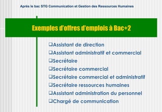 Après le bac STG Communication et Gestion des Ressources Humaines




      Exemples d’offres d’emplois à Bac+2

                Assistant de direction
                Assistant administratif et commercial
                Secrétaire
                Secrétaire commercial
                Secrétaire commercial et administratif
                Secrétaire ressources humaines
                Assistant administration du personnel
                Chargé de communication
 