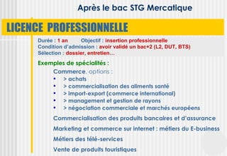 Après le bac STG Mercatique

LICENCE PROFESSIONNELLE
     Durée : 1 an      Objectif : insertion professionnelle
     Condition d’admission : avoir validé un bac+2 (L2, DUT, BTS)
     Sélection : dossier, entretien…
     Exemples de spécialités :
         Commerce, options :
          > achats
          > commercialisation des aliments santé
          > import-export (commerce international)
          > management et gestion de rayons
          > négociation commerciale et marchés européens
           Commercialisation des produits bancaires et d’assurance
           Marketing et commerce sur internet : métiers du E-business
           Métiers des télé-services
           Vente de produits touristiques
 