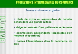 PROFESSIONS INTERMEDIAIRES DU COMMERCE

          Entre encadrement et gestion


 chefs de rayon ou responsables de certains
achats dans une grande surface

 dirigeants salariés d’une petite surface de vente

 commerçants indépendants (responsable d’un
magasin ou grossistes)

 cadres intermédiaires dans le commerce de
gros
 