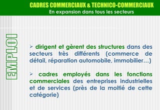CADRES COMMERCIAUX & TECHNICO-COMMERCIAUX
       En expansion dans tous les secteurs




 dirigent et gèrent des structures dans des
secteurs très différents (commerce de
détail, réparation automobile, immobilier…)

  cadres employés dans les fonctions
commerciales des entreprises industrielles
et de services (près de la moitié de cette
catégorie)
 
