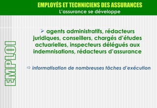 EMPLOYÉS ET TECHNICIENS DES ASSURANCES
             L’assurance se développe



      agents administratifs, rédacteurs
  juridiques, conseillers, chargés d’études
   actuarielles, inspecteurs délégués aux
  indemnisations, rédacteurs d’assurance

 informatisation de nombreuses tâches d’exécution
 
