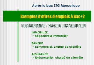 Après le bac STG Mercatique


Exemples d’offres d’emplois à Bac+2


      IMMOBILIER
       négociateur immobilier

      BANQUE
       commercial, chargé de clientèle

      ASSURANCE
       téléconseiller, chargé de clientèle
 