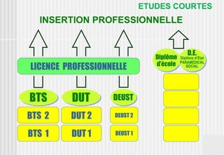 ETUDES COURTES
  INSERTION PROFESSIONNELLE


                                               D.E.
                                 Diplôme   Diplôme d’État
                                 d’école   PARAMEDICAL
LICENCE PROFESSIONNELLE                       SOCIAL




BTS      DUT       DEUST

BTS 2    DUT 2      DEUST 2


BTS 1    DUT 1      DEUST 1
 
