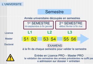 L’UNIVERSITE

                                   Semestre
                Année universitaire découpée en semestres
                  1er SEMESTRE                  2nd SEMESTRE
                mi-septembre à fin janvier      début février à fin mai

 Licence           L1                L2                 L3
  Master       S1 S2             S3 S4              S5 S6
 Doctorat
                                    EXAMENS
               à la fin de chaque semestre pour valider le semestre

                         Entrée en Licence PRO – Master PRO
                la validation des semestres des années précédentes ne suffit pas
                              è admission sur dossier + entretien
 