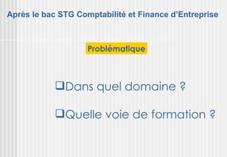 Après le bac STG Comptabilité et Finance d’Entreprise



                    Problématique



            Dans quel domaine ?

            Quelle voie de formation ?
 