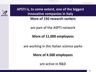 APSTI is, to some extent, one of the biggest
innovative companies in Italy
25
More of 150 research centers
are part of the ASPTI network
More of 11.000 employees
are working in the Italian science parks
More of 4.500 employees
are active in R&D
 