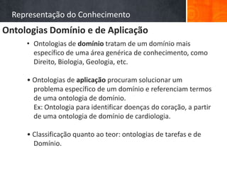 Representação do Conhecimento
Ontologias Domínio e de Aplicação
                       • Ontologias de domínio tratam de um domínio mais
                         específico de uma área genérica de conhecimento, como
                         Direito, Biologia, Geologia, etc.
   Lógica Descritiva




                       • Ontologias de aplicação procuram solucionar um
                         problema específico de um domínio e referenciam termos
                         de uma ontologia de domínio.
                         Ex: Ontologia para identificar doenças do coração, a partir
                         de uma ontologia de domínio de cardiologia.

                       • Classificação quanto ao teor: ontologias de tarefas e de
                         Domínio.
 
