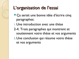 L’organisation de l’essaiL’organisation de l’essai
Ça serait une bonne idée d’écrire cinq
paragraphes:
1.Une introduction avec une thèse
2-4. Trois paragraphes qui montrent et
soutiennent votre thèse et vos arguments
5.Une conclusion qui résume votre thèse
et vos arguments
 