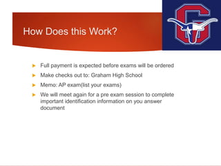 How Does this Work?
 Full payment is expected before exams will be ordered
 Make checks out to: Graham High School
 Memo: AP exam(list your exams)
 We will meet again for a pre exam session to complete
important identification information on you answer
document
 