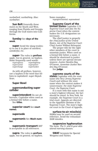 236
sunbathed, sunbathing. Also:
sunbather.
Sun Belt Generally those
states in the South and West,
ranging from Florida and Georgia
through the Gulf states into Cali-
fornia.
Sunday See days of the
week.
super Avoid the slang tenden-
cy to use it in place of excellent,
wonderful, etc.
super- The rules in prefixes
apply, but in general, no hyphen.
Some frequently used words:
superagency superhighway
supercarrier superpower
supercharge supertanker
As with all prefixes, however,
use a hyphen if the word that fol-
lows is capitalized: super-Repub-
lican.
Super Bowl
superconducting super
collider
superintendent Do not ab-
breviate. Capitalize when used as
a formal title before a name.
See titles.
superior court See court
names.
supersede
supersonic See Mach num-
ber.
supersonic transport SST
is acceptable in all references.
supra- The rules in prefixes
apply, but in general, no hyphen.
Some examples:
supragovernmental supranational
Supreme Court of the
United States Capitalize U.S.
Supreme Court and also the Su-
preme Court when the context
makes the U.S. designation un-
necessary.
The chief justice is properly
the chief justice of the United
States, not of the Supreme Court:
Chief Justice William Rehnquist.
The proper title for the eight
other members of the court is
associate justice. When used as
a formal title before a name, it
should be shortened to justice
unless there are special circum-
stances: Justice Sandra Day
O’Connor, Associate Justice San-
dra Day O’Connor.
See judge.
supreme courts of the
states Capitalize with the state
name (the New Jersey Supreme
Court) and without the state
name when the context makes it
unnecessary: the state Supreme
Court, the Supreme Court.
If a court with this name is not
a state’s highest tribunal, the fact
should be noted. In New York, for
example, the Supreme Court is a
trial court. Appeals are directed
to the Appellate Division of the
Supreme Court. The state’s high-
est court is the Court of Appeals.
surface-to-air missile(s)
SAM(s) may be used on second
reference. Avoid the redundant
SAM missiles.
suspensive hyphenation
The form: The 5- and 6-year-olds
attend morning classes.
SWAT Acronym for Special
Weapons and Tactics.
 