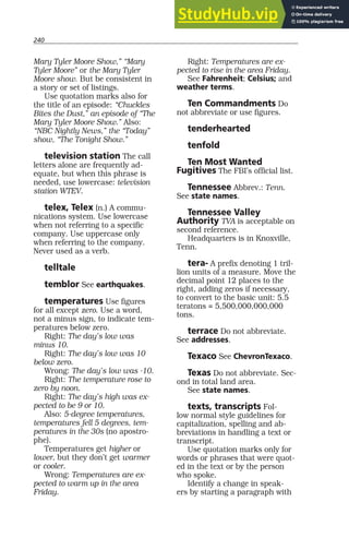 240
Mary Tyler Moore Show,” “Mary
Tyler Moore” or the Mary Tyler
Moore show. But be consistent in
a story or set of listings.
Use quotation marks also for
the title of an episode: “Chuckles
Bites the Dust,” an episode of “The
Mary Tyler Moore Show.” Also:
“NBC Nightly News,” the “Today”
show, “The Tonight Show.”
television station The call
letters alone are frequently ad-
equate, but when this phrase is
needed, use lowercase: television
station WTEV.
telex, Telex (n.) A commu-
nications system. Use lowercase
when not referring to a specific
company. Use uppercase only
when referring to the company.
Never used as a verb.
telltale
temblor See earthquakes.
temperatures Use figures
for all except zero. Use a word,
not a minus sign, to indicate tem-
peratures below zero.
Right: The day’s low was
minus 10.
Right: The day’s low was 10
below zero.
Wrong: The day’s low was -10.
Right: The temperature rose to
zero by noon.
Right: The day’s high was ex-
pected to be 9 or 10.
Also: 5-degree temperatures,
temperatures fell 5 degrees, tem-
peratures in the 30s (no apostro-
phe).
Temperatures get higher or
lower, but they don’t get warmer
or cooler.
Wrong: Temperatures are ex-
pected to warm up in the area
Friday.
Right: Temperatures are ex-
pected to rise in the area Friday.
See Fahrenheit; Celsius; and
weather terms.
Ten Commandments Do
not abbreviate or use figures.
tenderhearted
tenfold
Ten Most Wanted
Fugitives The FBI’s official list.
Tennessee Abbrev.: Tenn.
See state names.
Tennessee Valley
Authority TVA is acceptable on
second reference.
Headquarters is in Knoxville,
Tenn.
tera- A prefix denoting 1 tril-
lion units of a measure. Move the
decimal point 12 places to the
right, adding zeros if necessary,
to convert to the basic unit: 5.5
teratons = 5,500,000,000,000
tons.
terrace Do not abbreviate.
See addresses.
Texaco See ChevronTexaco.
Texas Do not abbreviate. Sec-
ond in total land area.
See state names.
texts, transcripts Fol-
low normal style guidelines for
capitalization, spelling and ab-
breviations in handling a text or
transcript.
Use quotation marks only for
words or phrases that were quot-
ed in the text or by the person
who spoke.
Identify a change in speak-
ers by starting a paragraph with
 