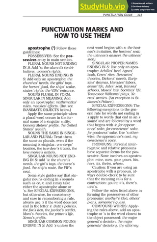 PUNCTUATION GUIDE — 323
apostrophe (‘) Follow these
guidelines:
POSSESSIVES: See the pos-
sessives entry in main section.
PLURAL NOUNS NOT ENDING
IN S: Add ’s: the alumni’s contri-
butions, women’s rights.
PLURAL NOUNS ENDING IN
S: Add only an apostrophe: the
churches’ needs, the girls’ toys,
the horses’ food, the ships’ wake,
states’ rights, the VIPs’ entrance.
NOUNS PLURAL IN FORM,
SINGULAR IN MEANING: Add
only an apostrophe: mathematics’
rules, measles’ effects. (But see
INANIMATE OBJECTS below.)
Apply the same principle when
a plural word occurs in the for-
mal name of a singular entity:
General Motors’ profits, the United
States’ wealth.
NOUNS THE SAME IN SINGU-
LAR AND PLURAL: Treat them
the same as plurals, even if the
meaning is singular: one corps’
location, the two deer’s tracks, the
lone moose’s antlers.
SINGULAR NOUNS NOT END-
ING IN S: Add ’s: the church’s
needs, the girl’s toys, the horse’s
food, the ship’s route, the VIP’s
seat.
Some style guides say that sin-
gular nouns ending in s sounds
such as ce, x, and z may take
either the apostrophe alone or
’s. See SPECIAL EXPRESSIONS,
but otherwise, for consistency
and ease in remembering a rule,
always use ’s if the word does not
end in the letter s: Butz’s policies,
the fox’s den, the justice’s verdict,
Marx’s theories, the prince’s life,
Xerox’s profits.
SINGULAR COMMON NOUNS
ENDING IN S: Add ’s unless the
next word begins with s: the host-
ess’s invitation, the hostess’ seat;
the witness’s answer, the witness’
story.
SINGULAR PROPER NAMES
ENDING IN S: Use only an apos-
trophe: Achilles’ heel, Agnes’
book, Ceres’ rites, Descartes’
theories, Dickens’ novels, Eurip-
ides’ dramas, Hercules’ labors,
Jesus’ life, Jules’ seat, Kansas’
schools, Moses’ law, Socrates’ life,
Tennessee Williams’ plays, Xe-
rxes’ armies. (An exception is St.
James’s Palace.)
SPECIAL EXPRESSIONS: The
following exceptions to the gen-
eral rule for words not ending in
s apply to words that end in an s
sound and are followed by a word
that begins with s: for appear-
ance’ sake, for conscience’ sake,
for goodness’ sake. Use ’s other-
wise: the appearance’s cost, my
conscience’s voice.
PRONOUNS: Personal inter-
rogative and relative pronouns
have separate forms for the pos-
sessive. None involves an apostro-
phe: mine, ours, your, yours, his,
hers, its, theirs, whose.
Caution: If you are using an
apostrophe with a pronoun, al-
ways double-check to be sure
that the meaning calls for a
contraction: you’re, it’s, there’s,
who’s.
Follow the rules listed above in
forming the possessives of other
pronouns: another’s idea, others’
plans, someone’s guess.
COMPOUND WORDS: Apply-
ing the rules above, add an apos-
trophe or ’s to the word closest to
the object possessed: the major
general’s decision, the major
generals’ decisions, the attorney
PUNCTUATION MARKS AND
HOW TO USE THEM
 